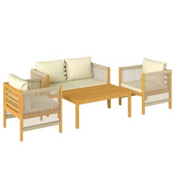Outsunny Set mobilier de grădină din lemn pentru 4 persoane cu canapea 2 locuri, 2 fotolii, masă, împletitură din frânghie, design cu lamele, perne lavabile | Aosom Romania