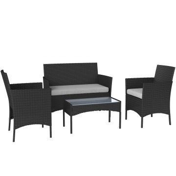 Outsunny Set mobilier de grădină exterior 4 persoane din rășină împletită cu canapele și măsuță din sticlă securizată perne incluse gri | Aosom Romania