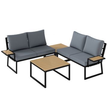 Outsunny Set mobilier de grădină în formă L, cadru metalic, pentru 4 persoane, lounge cu canapea 2 locuri și perne, 2 măsuțe suprapuse, Teak | Aosom Romania