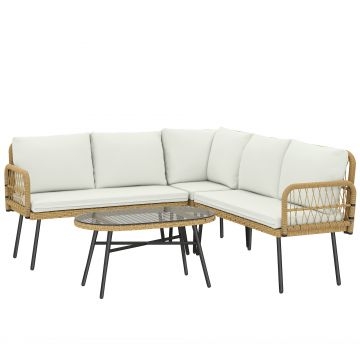 Outsunny Set mobilier din Polyrattan 4 piese, set lounge cu canapea de colț canapea dublă masă din sticlă perne detașabile până la 5 persoane | Aosom Romania