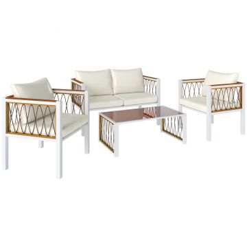 Outsunny Set mobilier grădină 4 piese Polyrattan lounge cu canapea 2 locuri, 2 fotolii, masă cu sticlă, perne detașabile, saltea antiderapantă | Aosom Romania