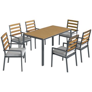 Outsunny Set mobilier grădină 7 piese, set cu 1 masă de dining, 6 scaune, perne, pentru terasă, lemn natural | Aosom Romania