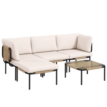 Outsunny Set mobilier gradină din polyrattan 5 piese Set lounge cu 3 fotolii masă cu sticlă taburet scaune late și adânci perne detașabile | Aosom Romania