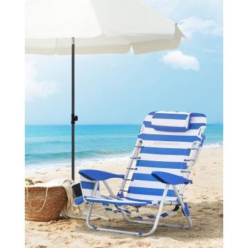 Scaun de plaja / camping, Songmics, se poate purta ca rucsac, spatar reglabil, max 150 kg, albastru/alb