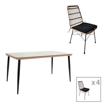 Set de 5 buc masa si scaune de gradina Naoki U ratan Natural si metal, negru, 160x90x78 cm