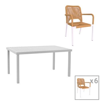 Set de 7 buc masa si scaune de gradina Kliton-Norture aluminiu, alb, 150x80x74 cm