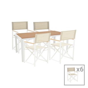 Set de 7 buc masa si scaune de gradina Mabu-Nares aluminiu alb si placaj Natural 180x90x72.5 cm