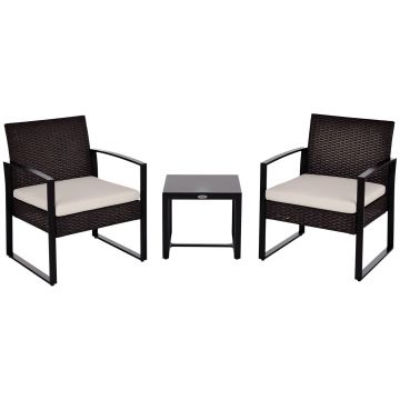Set de mobilier de balcon Outsunny din Poliratan pentru 2 persoane, set de balcon cu perne Maro+Crem | Aosom Romania
