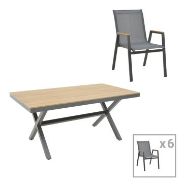 Set masa Thorio-Azelie 7 antracit aluminiu si placaj, Natural, 160x90x75 cm