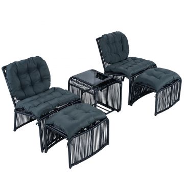 Set mobilier de grădină de exterior în 5 piese, set lounge pentru balcon cu 2 scaune, 2 taburete și masă cu blat din sticlă, Negru+Gri