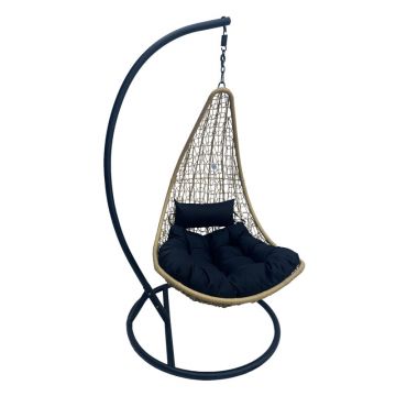 Leagăn tip cuib pe bază Soleil, Metal Negru - Ratan Natural, Pernă, Neagră, 120x95x195 cm