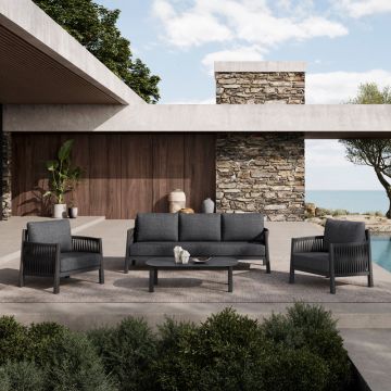 Lounge de exterior Feralda, cu funcție relaxare, aluminiu și sfoară gri deschis, compacte