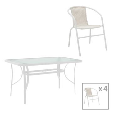 Masa de dining cu scaune set 5 piese Obbi-Ensure, metal-Sticla, Alb, 120x70x70 cm