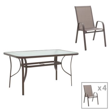 Masa de dining Ensure-Calan set 5 piese metal-textilene, maro, 120x70x70 cm