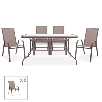 Masa de dining Valor-Calan, set 7 piese, metal-textilen, maro, 140x80x70 cm