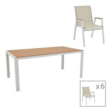 Masa de sufragerie Nares-Azelie B set de 7 alb aluminiu si placaj, Natural, 180x90x72 cm