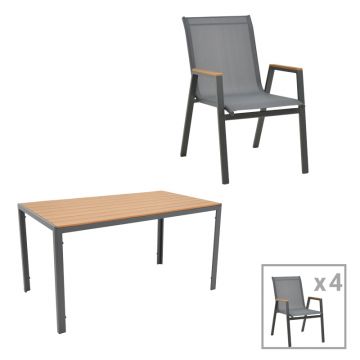 Masa de sufragerie Nares-Azelie C set 5 aluminiu antracit si textilena cu placaj Natural 140x80x72 cm