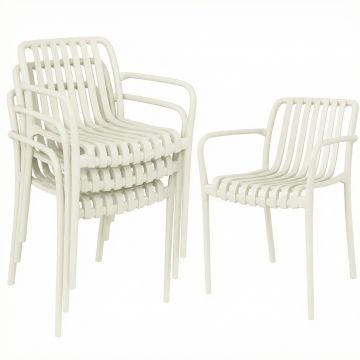 Outsunny Set 4 scaune de grădină stivabile, scaune de terasă cu design în lamele și cotiere, ergonomice, alb crem | Aosom Romania