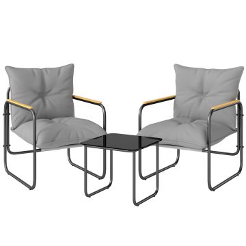 Outsunny Set bistro de grădină 3 piese masă bistro cu 2 scaune masă din sticlă șezut din plasă perne groase aspect lemn, respirabil | Aosom Romania