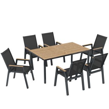 Outsunny Set mobilier de grădină 7 piese masă cu 6 scaune respirabile spătar înalt design lamele aspect lemn | Aosom Romania