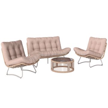 Outsunny Set mobilier grădină 4 piese Polyrattan Lounge cu canapea 2 locuri 2 fotolii masă cu sticlă șezut lat și adânc perne groase | Aosom Romania