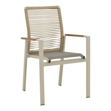 Scaun de exterior stivuibil cu brațe Aegean, aluminiu și textil, crem, 56x58x91 cm