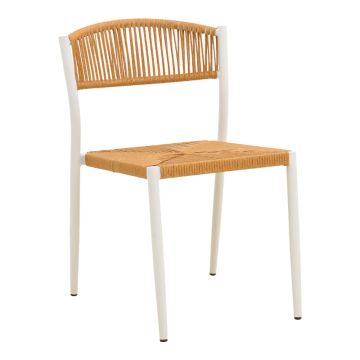 Scaun empilabil cu brațe Cura, aluminiu alb și ratan natural, 50x58x78 cm