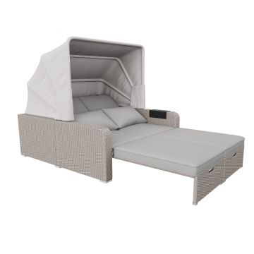 Set canapea de grădină din polyrattan pentru 2 persoane, canapea lounge cu structură din oțel și perne, Khaki