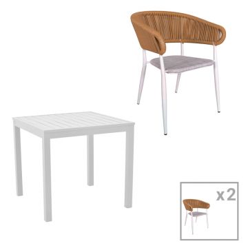 Set de 3 buc masa si scaune de gradina Kliton-Raven aluminiu, alb, 80x80x74 cm