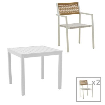 Set de 3 buc masa si scaune de gradina Savor-Kliton aluminiu alb si ratan, Natural, 80x80x74 cm