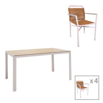 Set de 5 buc masa si scaune de gradina Nares-Clutch aluminiu alb si placaj, Natural, 140x80x72 cm