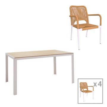 Set de 5 buc masa si scaune de gradina Nares-Norture aluminiu alb si placaj Natural 140x80x72 cm