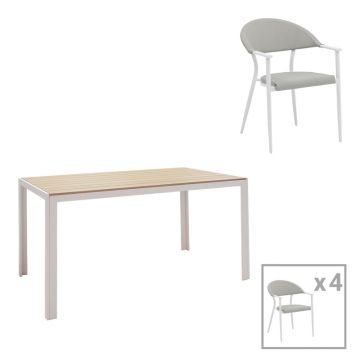 Set de 5 buc masa si scaune de gradina Nares-Pino A aluminiu alb si placaj Natural 140x80x72 cm