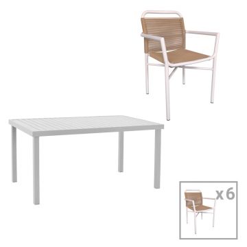 Set de 7 buc masa si scaune de gradina Kliton Clutch aluminiu, alb, 150x80x74 cm