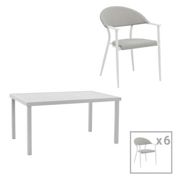 Set de 7 buc masa si scaune de gradina Kliton Pino aluminiu, alb, 150x80x74 cm