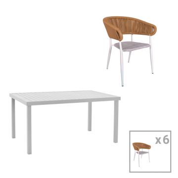 Set de 7 buc masa si scaune de gradina Kliton-Raven aluminiu, alb, 150x80x74 cm