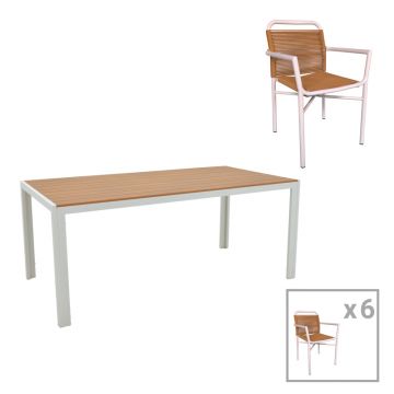 Set de 7 buc masa si scaune de gradina Nares-Clutch B aluminiu alb si placaj, Natural, 180x90x72 cm