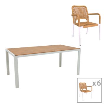 Set de 7 buc masa si scaune de gradina Nares-Norture B aluminiu alb si placaj Natural 180x90x72 cm