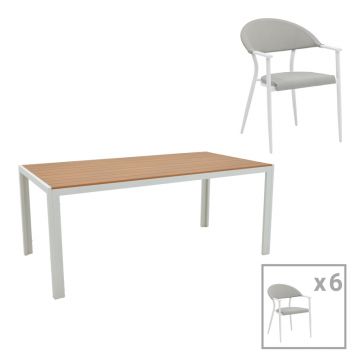 Set de 7 buc masa si scaune de gradina Nares-Pino B aluminiu alb si placaj Natural 180x90x72 cm