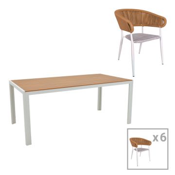 Set de 7 buc masa si scaune de gradina Nares-Raven B aluminiu alb si placaj Natural 180x90x72 cm