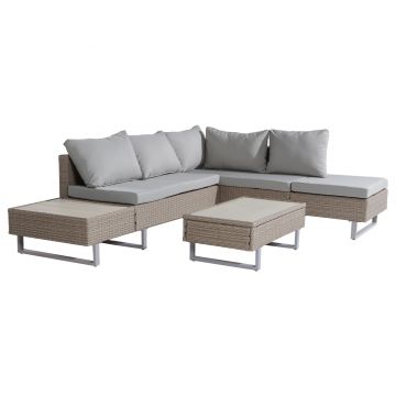 Set de grădină 4 piese din poli-rattan pentru 4-5 persoane cu colțar, masă și perne, huse lavabile, Kaki