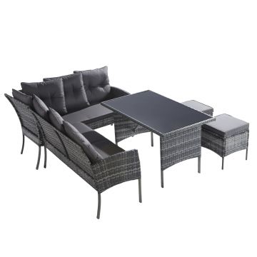 Set de Grădină din Poliratan, Canapea, Masă, Taburete și Perne Lavabile, Gri