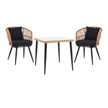 Set de Masa de dining Naoki 3 piese metal negru-pe stejar Natural-sticla 80x80x78 cm