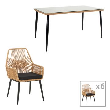 Set de Masa de restaurant Naoki-Tanish din de 7 piese din ratan Natural-metal-negru-sticla 160x90x78 cm