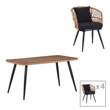 Set de Masa Naoki 5 piese din sticla-PE rattan Natural cu picioare, negre, 140x80x78 cm