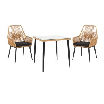 Set de Masa Naoki-Tanish 3 piese din metal negru-pe Natural sticla 80x80x78 cm