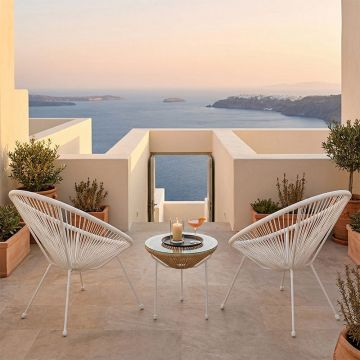 Set lounge exterior Acapulco, 3 piese, Alb-Natural, metal si ratan PE, 50x50x52 cm
