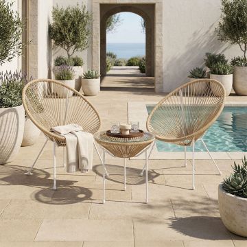 Set lounge exterior Acapulco, 3 piese, Alb-Natural, metal si ratan PE, 50x50x52 cm - Alb-Natural