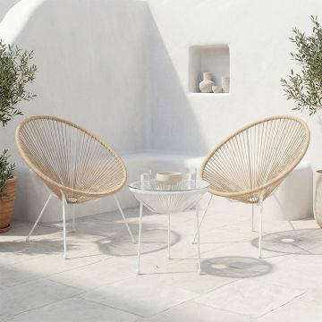 Set lounge exterior Acapulco, 3 piese, Alb-Natural, metal si ratan PE, 50x50x52 cm