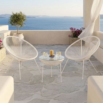 Set lounge exterior Acapulco, 3 piese, metal si ratan PE, Alb, 50x50x52 cm